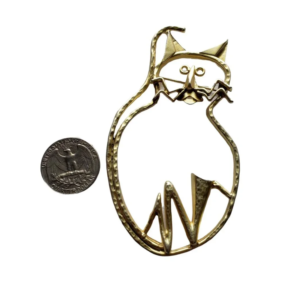 Vintage Big Fat Cat Gold Tone Brooch Outline - Picture 2 of 5